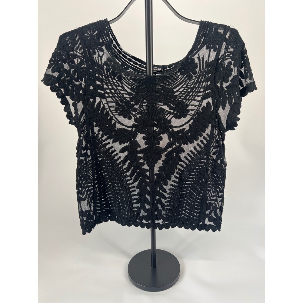 Express Lace Mesh Women's Top Short Sleeve Black Sz M Boho Festival Sheer Floral